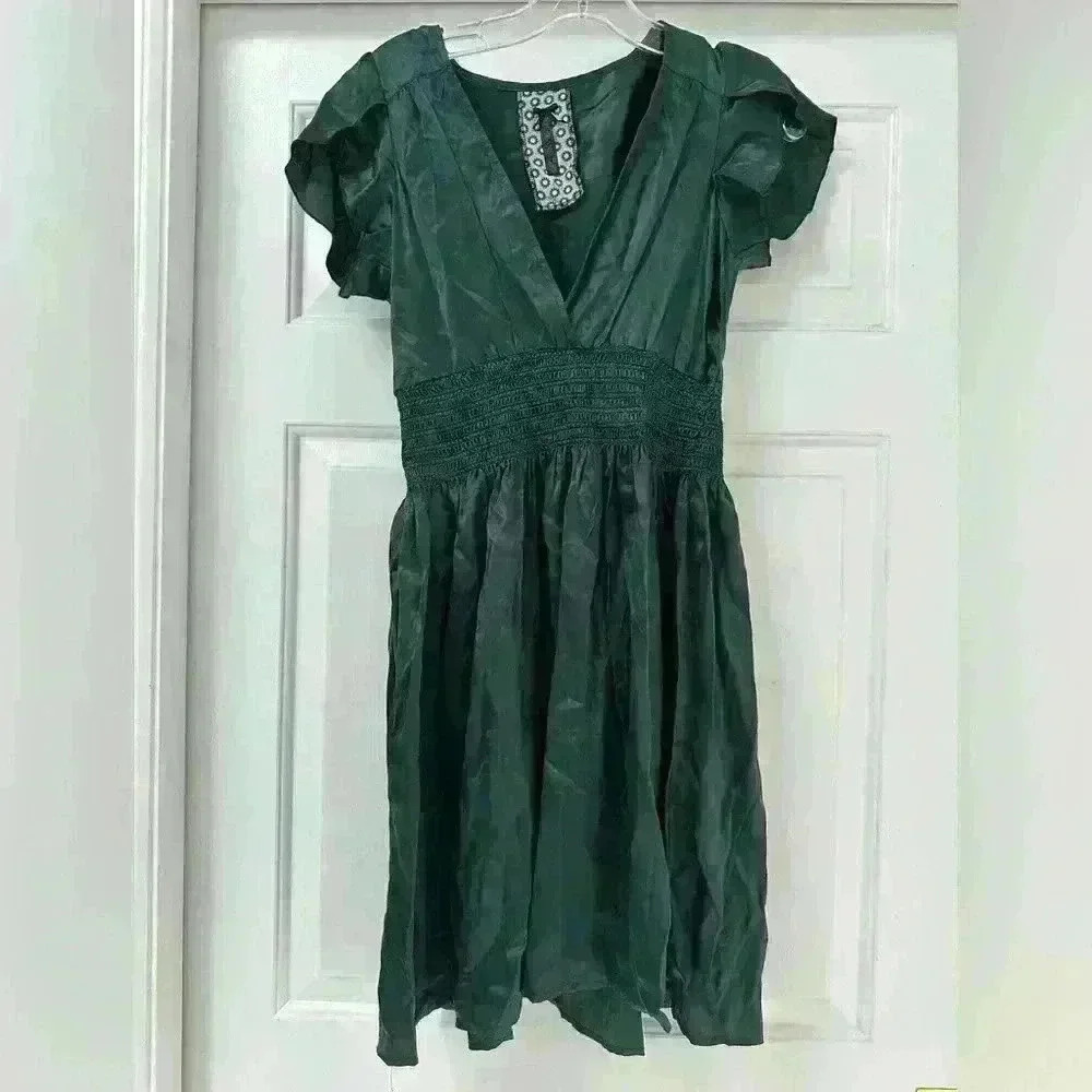 Pepe Jeans Y2K Emerald Green 100% Silk‎ Cinched Waist Short Sleeve Dress Size S